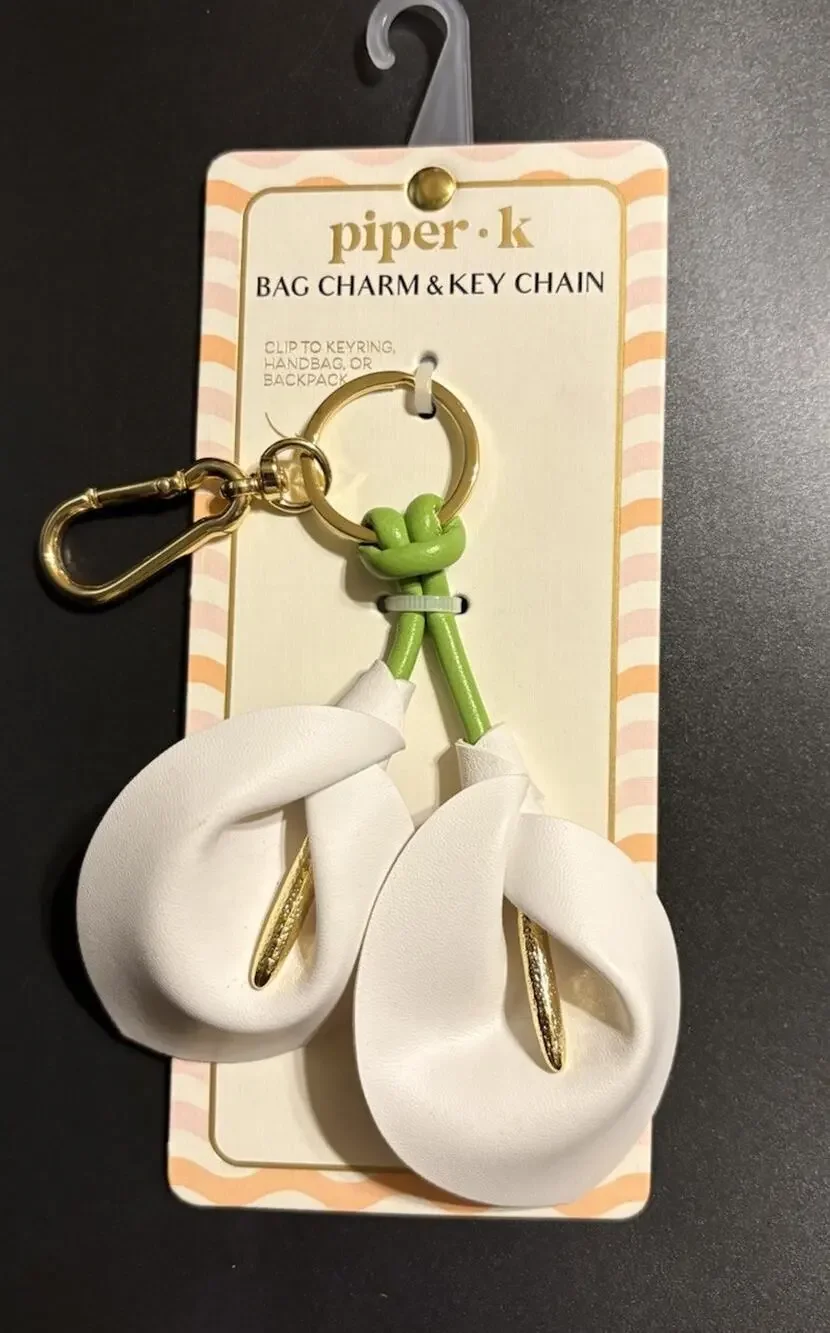 Piper K Faux Leather White Calla Lily Bag Charm & Key Chain NEW